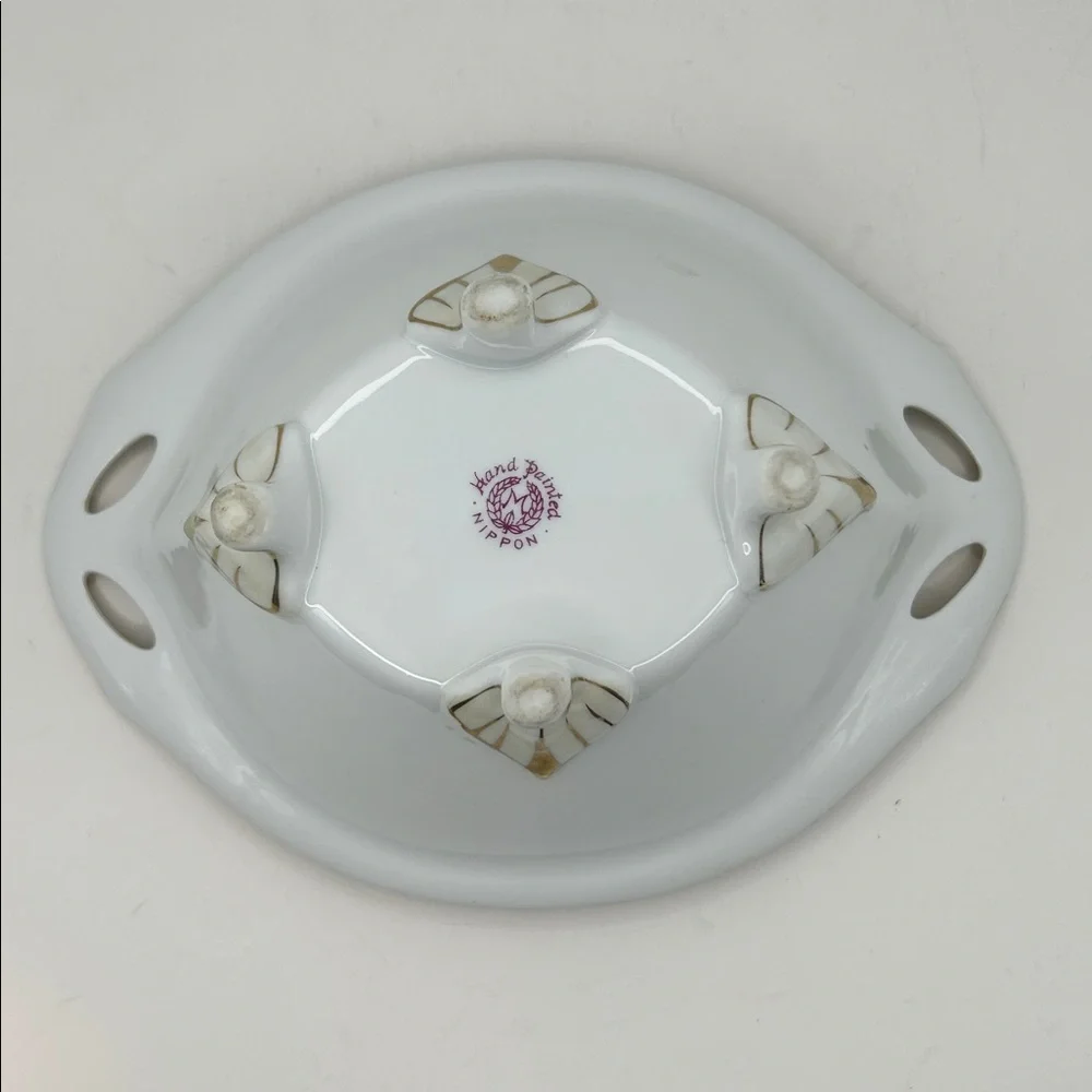 Nippon Hand Painted Floral Gold Gilt Four Footed Oval Serving Bowl Vintage‎